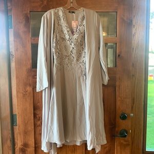 Light gray lace dress with sheer duster kimono